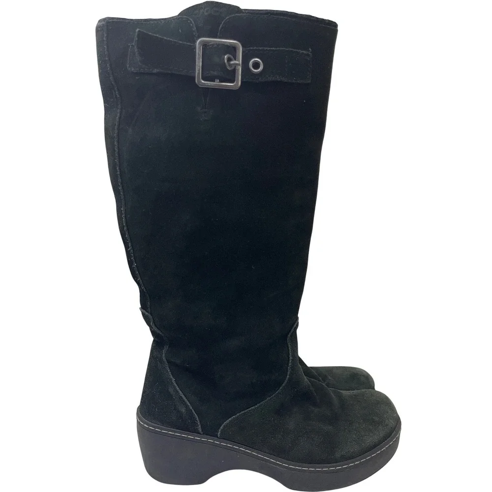 Crocs‎ Cobbler Boots Black Suede Leather Knee High Wedge Womens 9
